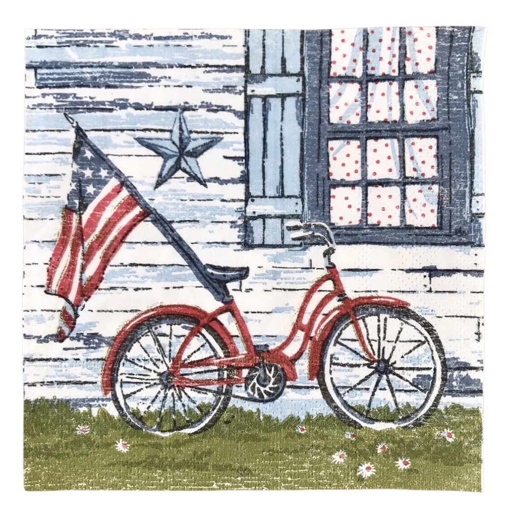 ONE (1) INDIVIDUAL Red Vintage Bicycle w American Flag Decoupage Cocktail Napkin